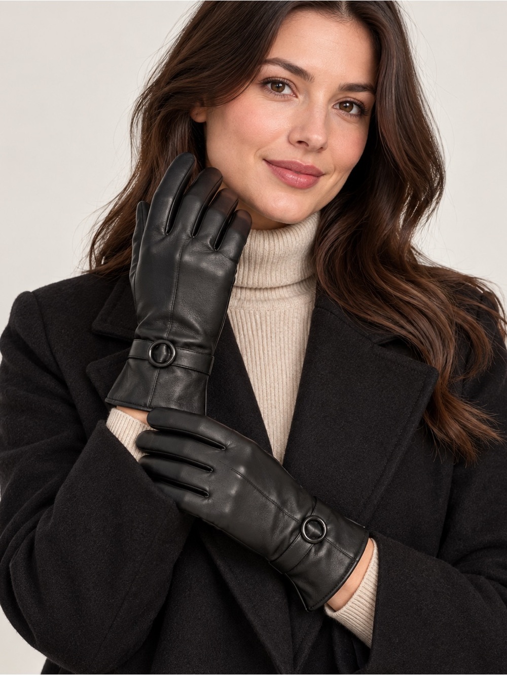 Women's Black Leather Gloves with Ring Accent